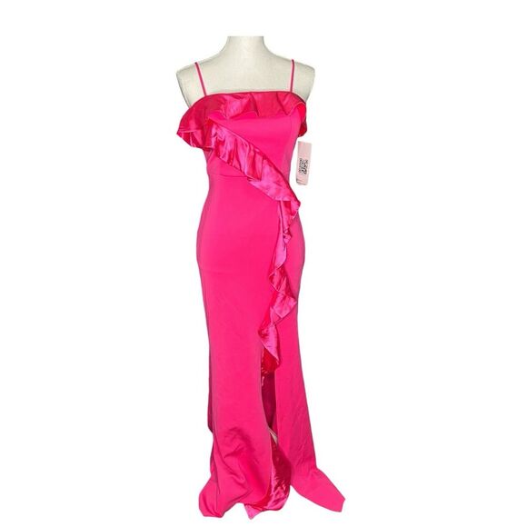 Emerald Sundae Maxi Dress Ruffled Sleeveless Gown Hot Pink Spandex Sz Medium - Picture 1 of 13